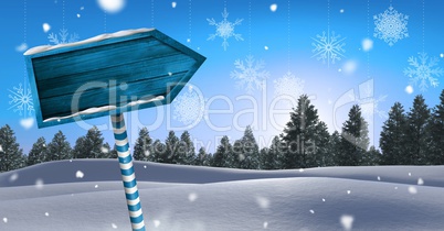 Wooden signpost in Christmas Winter landscape