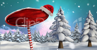 Wooden signpost in Christmas Winter landscape and Santa hat