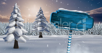 Wooden signpost in Christmas Winter landscape with trees