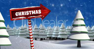 Christmas text and Wooden signpost in Christmas Winter landscape with trees