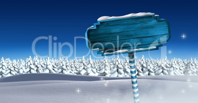 Wooden signpost in Christmas Winter landscape