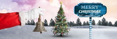 Merry Christmas text and Santa holding bell with Wooden signpost in Christmas Winter landscape with