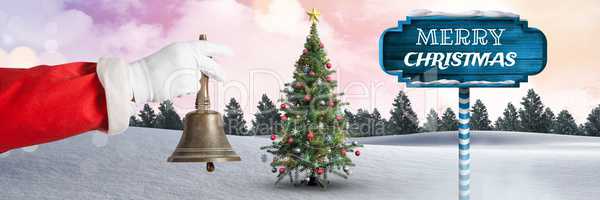 Merry Christmas text and Santa holding bell with Wooden signpost in Christmas Winter landscape with
