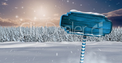 Wooden signpost in Christmas Winter landscape