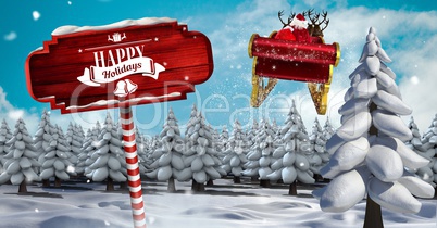 Happy Holidays text on Wooden signpost in Christmas Winter landscape and Santa's sleigh and reindeer