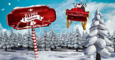 Happy Holidays text on Wooden signpost in Christmas Winter landscape and Santa's sleigh and reindeer