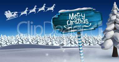 Merry Christmas and Wooden signpost in Christmas Winter landscape and Santa's sleigh and reindeer's