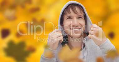 Man wearing hood with leaves