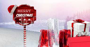 Merry Christmas text and gifts with Wooden signpost in Christmas Winter landscape and Santa hat
