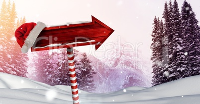 Wooden signpost in Christmas Winter landscape and Santa hat