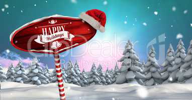 Happy holidays on Wooden signpost in Christmas Winter landscape and Santa hat