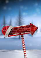 Wooden signpost in Christmas Winter landscape with Santa hat