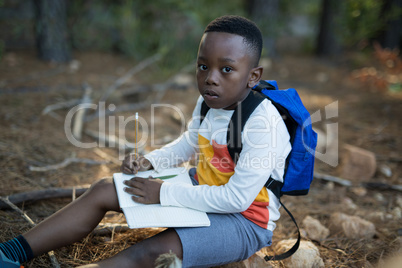 Portrait of boy studying in forest