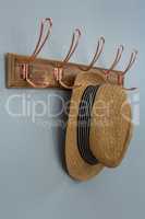 Straw hat hanging on hook