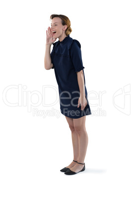 Female executive shouting against white background