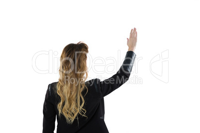 Businesswoman pretending use an invisible screen