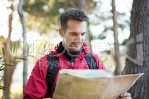 Man reading map in forest