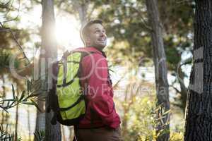 Thoughtful man standing in forest