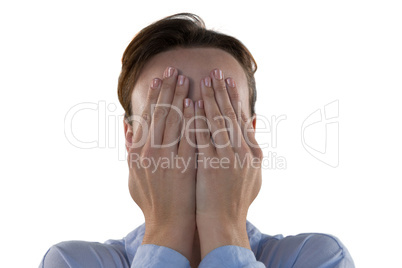 Female executive covering his face