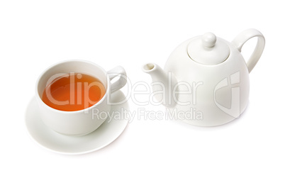 cup tea and teapot isolated on white background