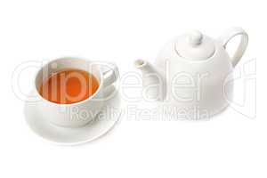 cup tea and teapot isolated on white background