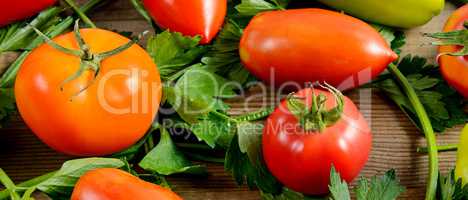 Tomatoes and celery on wooden background.