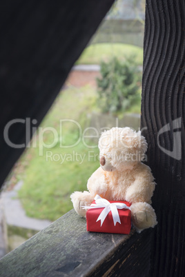 Stuffed toy with a gift on a wooden beam