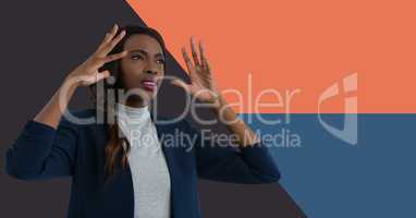 Businesswoman with minimal shapes stressed opening hands