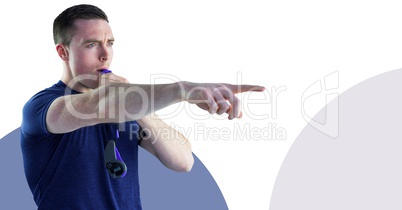 Fitness trainer man with minimal shapes blowing whistle