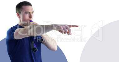 Fitness trainer man with minimal shapes blowing whistle