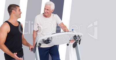 Fitness trainer man with minimal shapes and old man on treadmill
