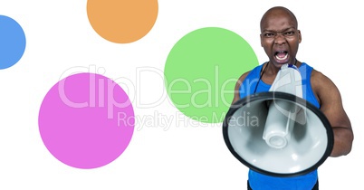 Fitness trainer man with minimal shapes with megaphone