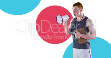 Fitness trainer man with minimal shapes holding megaphone
