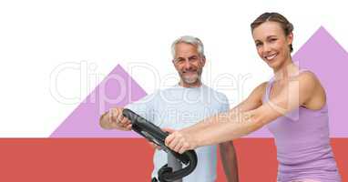 Fitness trainer man with minimal shapes and woman on exercise bike