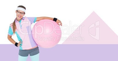 Fitness trainer woman with minimal shapes holding exercise ball