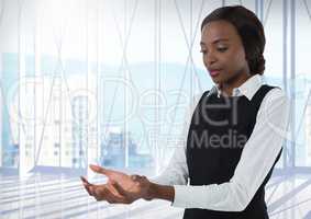 Businesswoman with hands palm open in city office