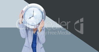 Businesswoman with minimal shapes holding clock