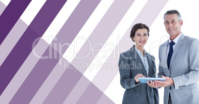 Business people with tablet and striped background