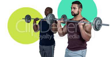 Fitness trainer men doing weights with minimal shapes