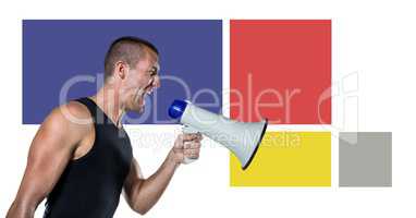 Fitness trainer man with minimal shapes and megaphone