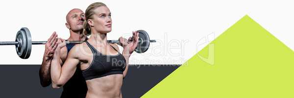 Fitness trainer man with minimal shapes training woman with weights
