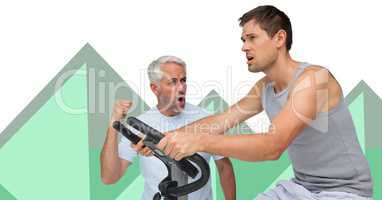 Fitness trainer men with minimal shapes and exercise machine
