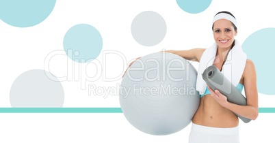 Fitness trainer woman with minimal shapes holding exercise ball and mat