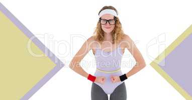 Fitness trainer woman with minimal shapes and glasses