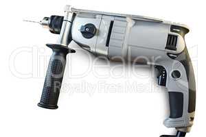 Small electric drill with a drill on a white background.