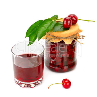 glass of cherry juice and jar of jam