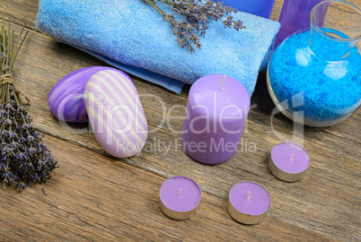 Goods for the spa: soap, sea salt, towel, oil of lavender