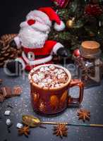 hot cocoa with marshmallow in a brown ceramic mug