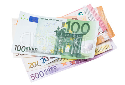 Euro banknotes on white background.