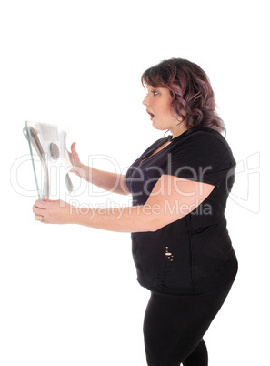 Woman shocked looking at scale